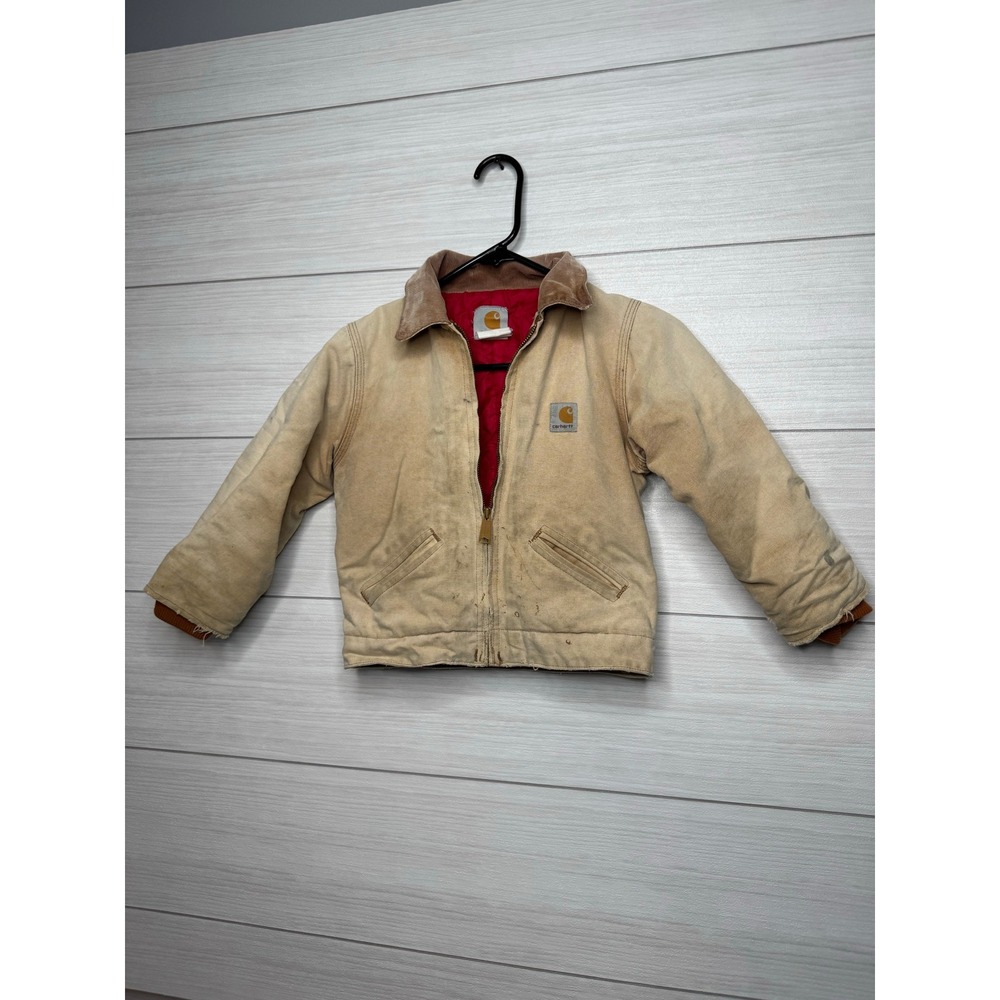 Carhartt‎ Kids Tan Quilted Lined Workwear Jacket Youth 7 Distressed Vintage Coat